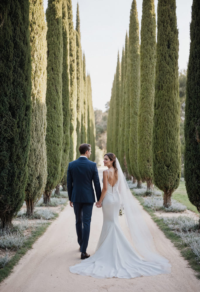 Couple marié marchant entre les allées arborées d'Italie