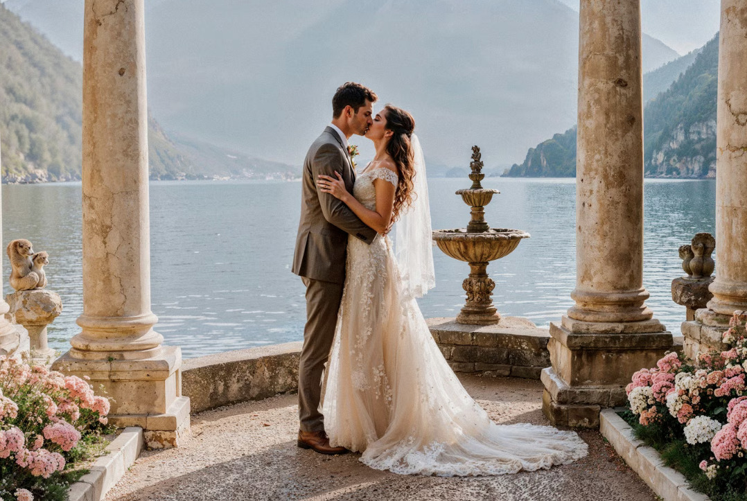 Un couple marié s'embrasse devant un lac italien avec une montagne en fond